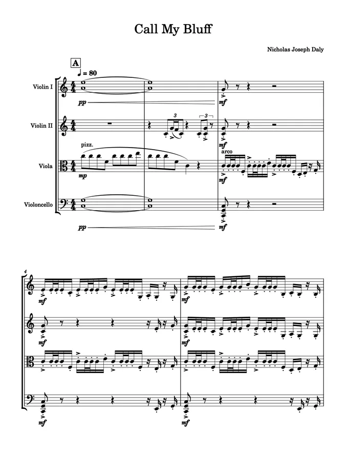 First page of the Call My Bluff score for string quartet — opening pages, the viola's pizzicato figure under held outer voices.