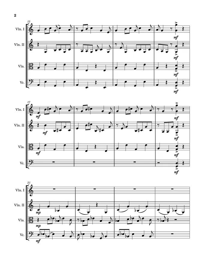 Second page of the Curious Clicks score for string quartet.