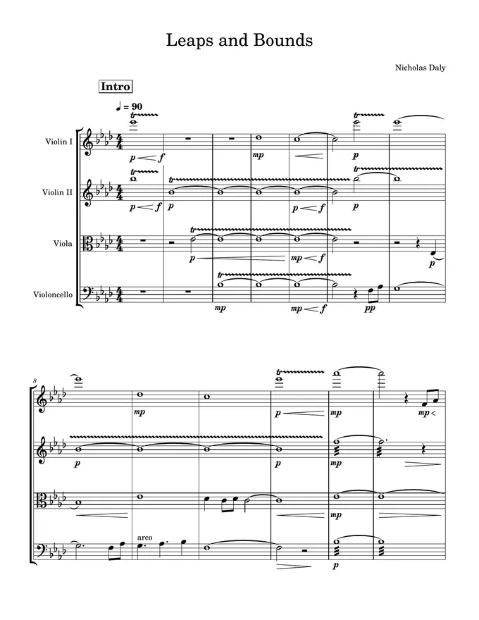 First page of the Leaps and Bounds score for string quartet — opening pages, marked Intro, with trills across the quartet.