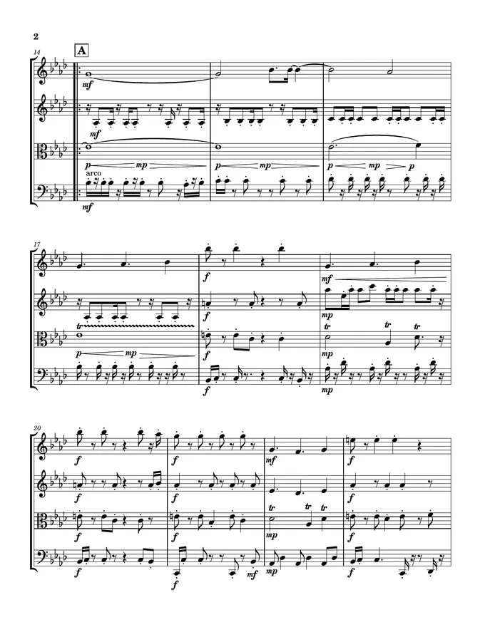 Second page of the Leaps and Bounds score for string quartet.